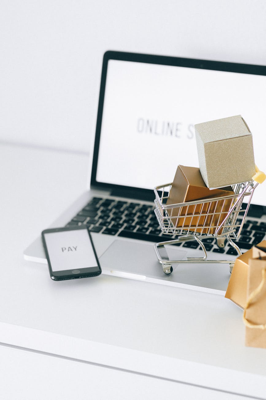 silver shopping cart with brown paper bag